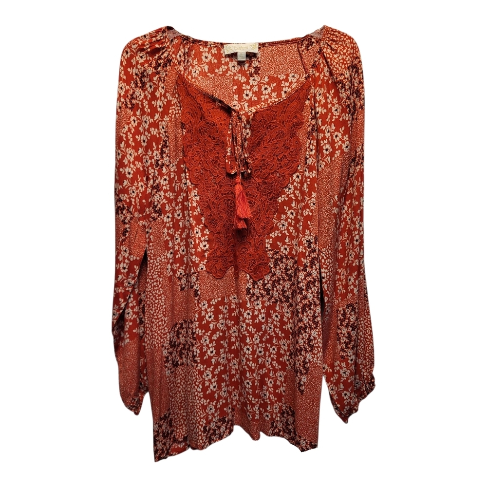 Suzanne Betro Weekend Red and White Patterned Lace Long Sleeved Blouse - Size XL